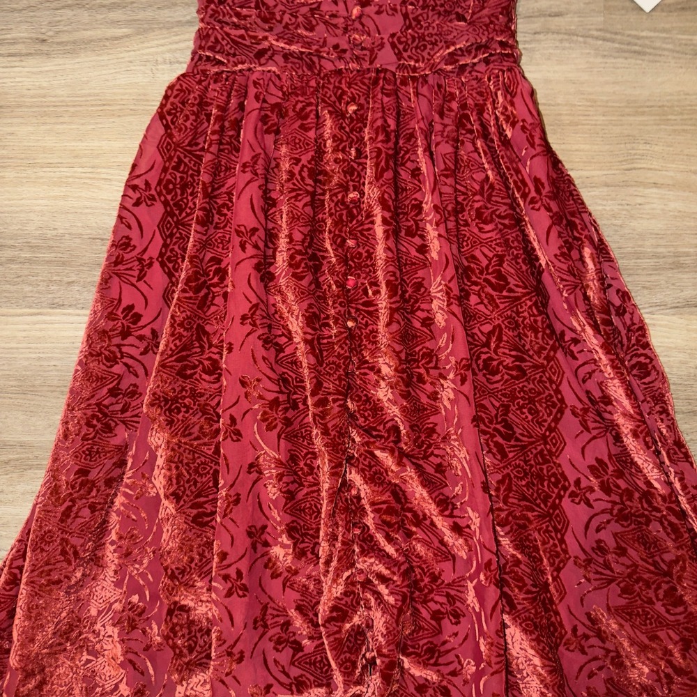 Anthropologie Red Burnout Velvet Floral Maxi Dress V-Neck Flutter Sleeve Size M - Picture 2 of 13